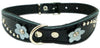 Black Genuine Leather Designer Dog Collar 11"x3/4" with Studs, Daisy, and Rhinestone