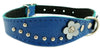 Blue Genuine leather Designer Dog Collar 11"x3/4" with Studs, Daisy, and Rhinestone