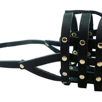Black Soft Genuine Leather Dog Basket Muzzle #109 - Boxer, Bulldog (Circumf 13", Snout Length 3.5")