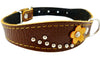 Brown Genuine leather Designer Dog Collar 11"x3/4" with Studs, Daisy, and Rhinestone