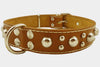 Genuine 1.5" Wide Thick Leather Studded Dog Collar. Tan, Fits 17"-21.5" Neck, Large Breeds.