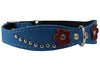 Blue Genuine leather Designer Dog Collar 14.5"x1" with Studs, Daisy, and Rhinestone