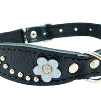 Black Genuine Leather Designer Dog Collar 11"x3/4" with Studs, Daisy, and Rhinestone