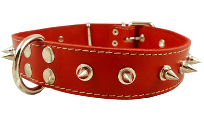 Dogs My Love Real Leather Red Spiked Dog Collar Spikes, 1.5
