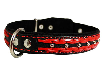 Genuine Leather Braided Studded Dog Collar,Red on Black 1.25