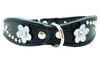 Black Genuine leather Designer Dog Collar 14.5"x1" with Studs, Daisy, and Rhinestone
