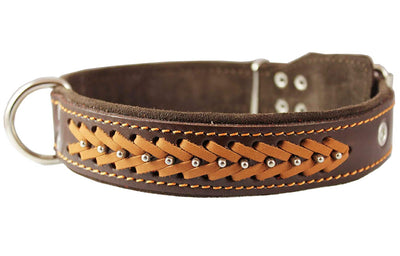 Genuine Leather Braided Studded Dog Collar, Brown 1.5