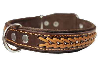 Genuine Leather Braided Studded Dog Collar, Brown 1.25