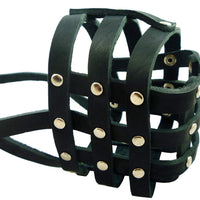 Black Soft Genuine Leather Dog Basket Muzzle #109 - Boxer, Bulldog (Circumf 13", Snout Length 3.5")