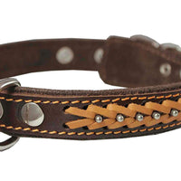 Genuine Leather Braided Studded Dog Collar, Brown 1" Wide. Fits 14"-18" Neck.