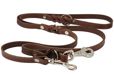 6 Way Multifunctional Leather Dog Leash Braided, Adjustable Lead Brown 42