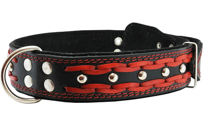Genuine Leather Braided Studded Dog Collar, Red on Black 1.75