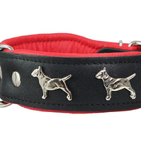Real Leather Soft Leather Padded Dog Collar Bull Terrier 1.75" Wide. Black/Red