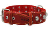 Red Real 1.5" Wide Thick Leather Studded Dog Collar. Fits 17"-21.5" Neck.
