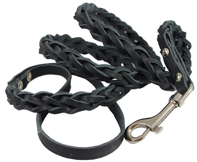 Black Genuine Leather Braided Dog Leash 45