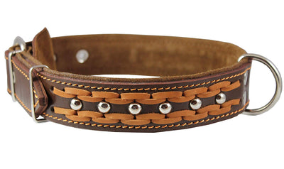 Genuine Leather Braided Studded Dog Collar, Brown 1.6