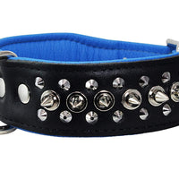 Dogs My love Spiked Studded Genuine Leather Dog Collar 1.75" Wide Black/Blue