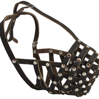 Secure Leather Mesh Basket Dog Muzzle - Rottweiler Male(Circumference 14.5", Snout Length 3.5")