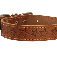 Genuine Leather Dog Collar Stars Pattern Brown 4 Sizes