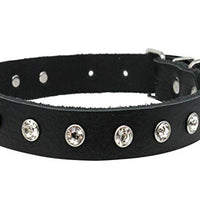 Genuine Soft Black Leather Crystal Glass Rhinestone Studded Dog Collar 7 Sizes