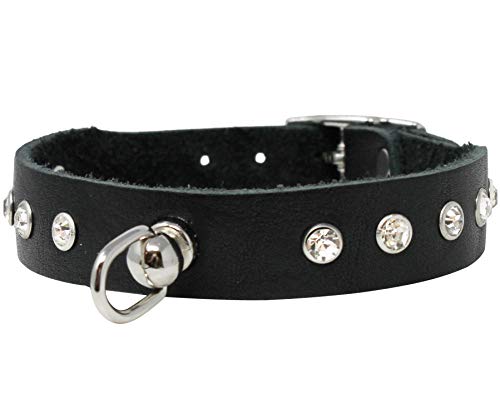 Genuine Soft Black Leather Crystal Glass Rhinestone Studded Dog Collar 7 Sizes