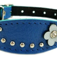 Blue Genuine leather Designer Dog Collar 11"x3/4" with Studs, Daisy, and Rhinestone
