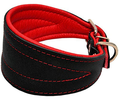 Real Leather Extra Wide Padded Tapered Dog Collar Glossy Black Lurcher Whippet Dachshund Red