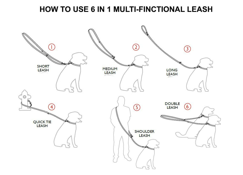 Dogs My Love 6 Way European Multi-functional Cotton Web Dog Leash, Adjustable Lead 50"-90" Long