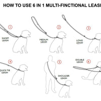 3/4" Wide 6 Way European Multi-functional Nylon Dog Leash, Adjustable Lead 5.5"-10' Long