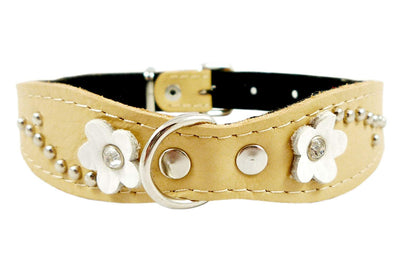 Beige Genuine leather Designer Dog Collar 14.5