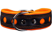 Real Leather Soft Leather Padded Dog Collar Reflective Black/Orange