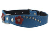 Blue Genuine leather Designer Dog Collar 14.5"x1" with Studs, Daisy, and Rhinestone