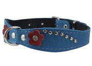 Blue Genuine leather Designer Dog Collar 14.5"x1" with Studs, Daisy, and Rhinestone