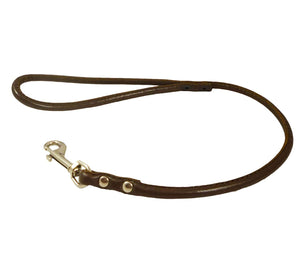 Round Genuine Rolled Leather Dog Short Leash 24" Long 3/8" Wide Brown for Medium Breeds