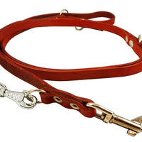 6-Way Multifunctional Leather Dog Leash, Adjustable Schutzhund Lead 49"-94" Long, 5/8" Wide (15 mm) Red