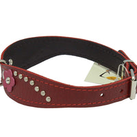 Red Genuine leather Designer Dog Collar 14.5"x1" with Studs, Daisy, and Rhinestone