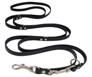 6 Way Euro Leather Dog Leash Medium Breeds, Adjustable Lead Black 60"-110" Long, 1/2" Wide (12 mm)