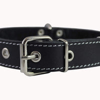 Black Genuine 1" Wide Thick Leather Studded Dog Collar. Fits 14"-17" Neck, Medium Breeds.