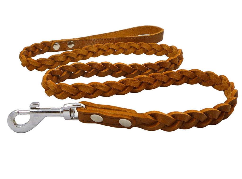 Genuine Fully Braided Leather Dog Leash 4 Ft Long 5/8" Wide Brown, Medium Breeds