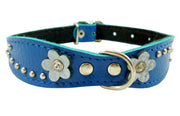 Blue Genuine leather Designer Dog Collar 11"x3/4" with Studs, Daisy, and Rhinestone