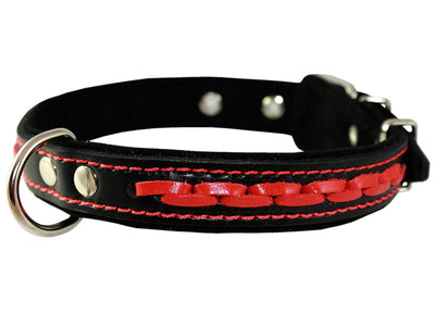 Red on Black Genuine Leather Braided Dog Collar 20