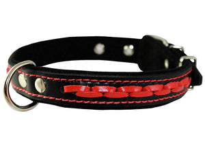 Red on Black Genuine Leather Braided Dog Collar 20"x1", Fits 14"-18" Neck