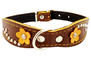 Brown Genuine leather Designer Dog Collar 11"x3/4" with Studs, Daisy, and Rhinestone