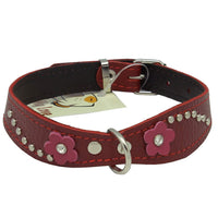Red Genuine leather Designer Dog Collar 11"x3/4" with Studs, Daisy, and Rhinestone