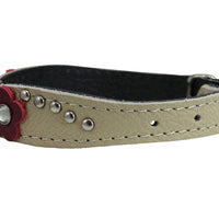 Beige Genuine leather Designer Dog Collar 11"x3/4" with Studs, Daisy, and Rhinestone