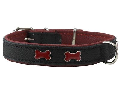 Genuine Black Leather Metal Bone Studs Soft Leather Padded Dog Collar 5/8