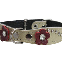 Beige Genuine leather Designer Dog Collar 11"x3/4" with Studs, Daisy, and Rhinestone