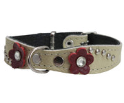 Beige Genuine leather Designer Dog Collar 11"x3/4" with Studs, Daisy, and Rhinestone