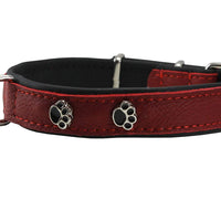 Genuine Red Leather Metal Paw Studs Soft Red Leather Padded Dog Collar 5/8" Wide. Fits 10"-12" Neck.