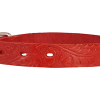 Genuine Tooled Leather Dog Collar Floral Pattern Red 3 Sizes